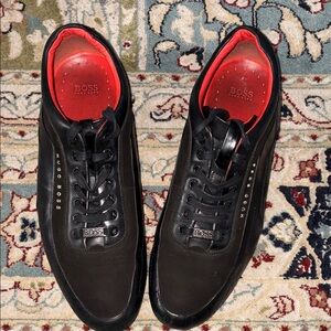 Boss Men's Black Leather Sneakers with Red Interior